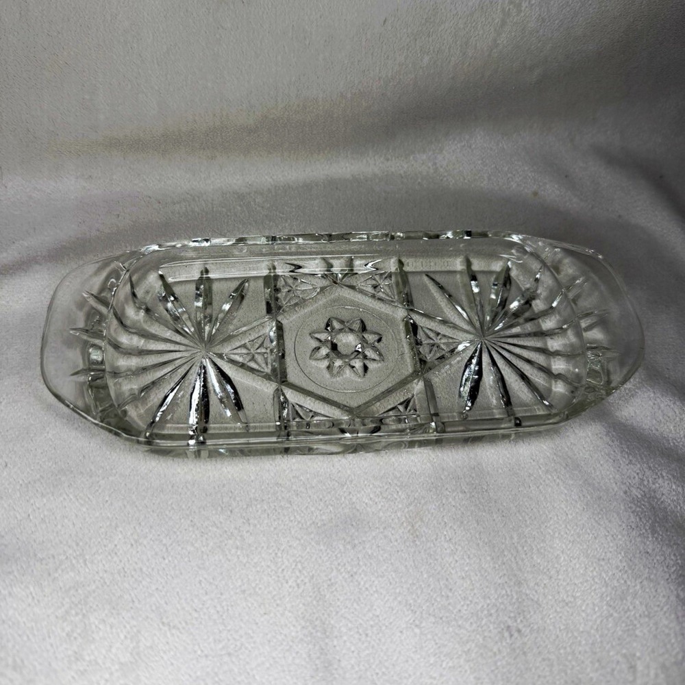 Clear Cut Glass Starburst Pattern Rectangle Butter Tray, Decorative, 1-Piece